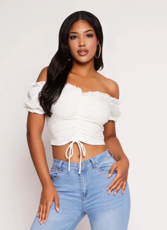 Eyelet Ruched Front Peasant Top made by Rainbow