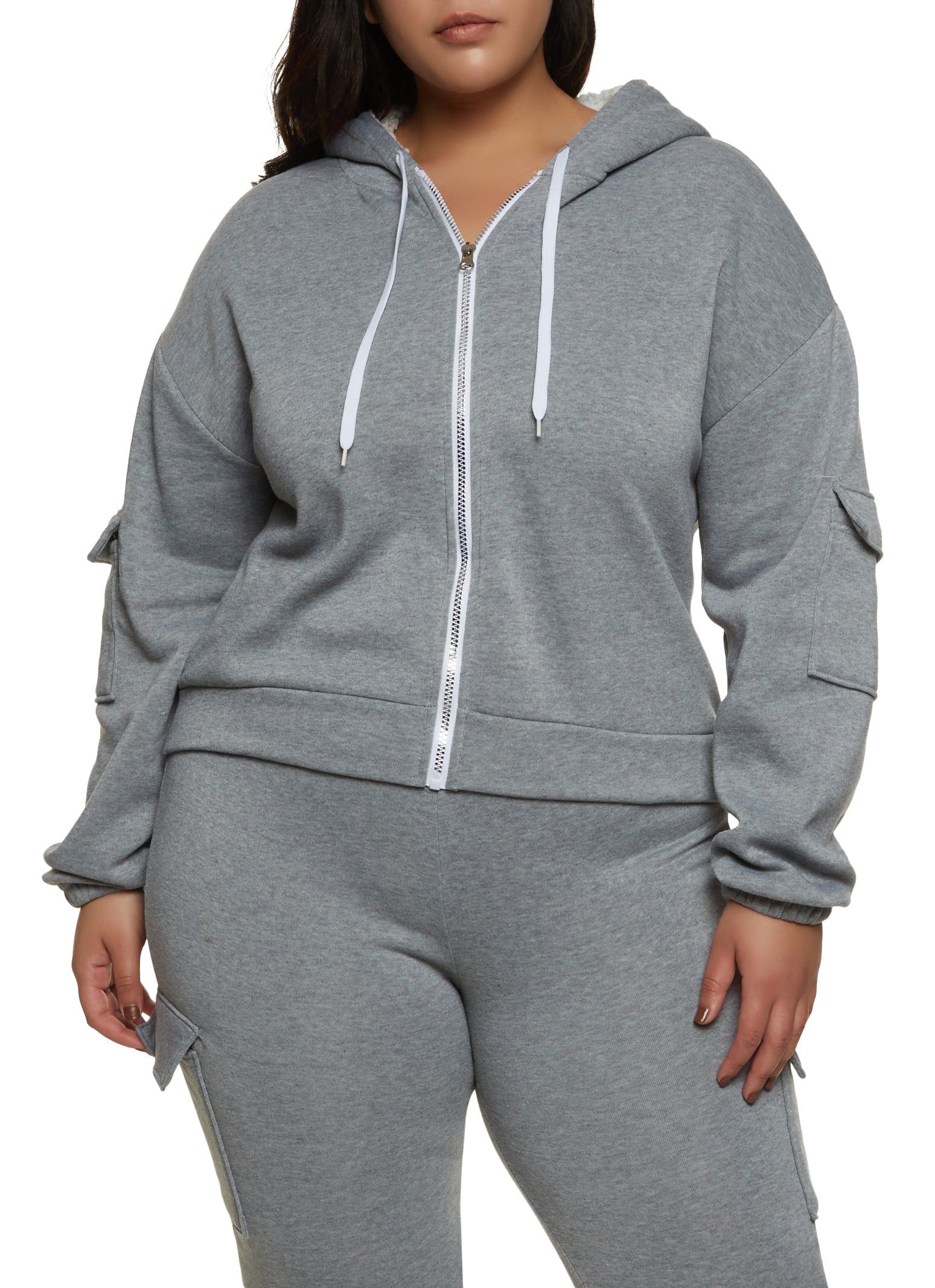 Plus Size Cargo Pocket Sleeve Zip Front Hoodie sold by Rainbow