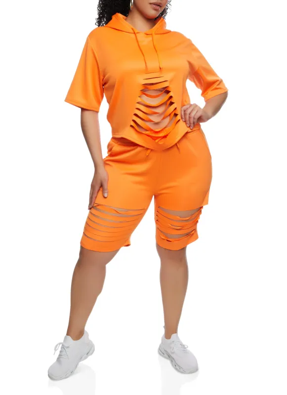 Plus Size Laser Cut Short Sleeve Hooded Top sold by Rainbow