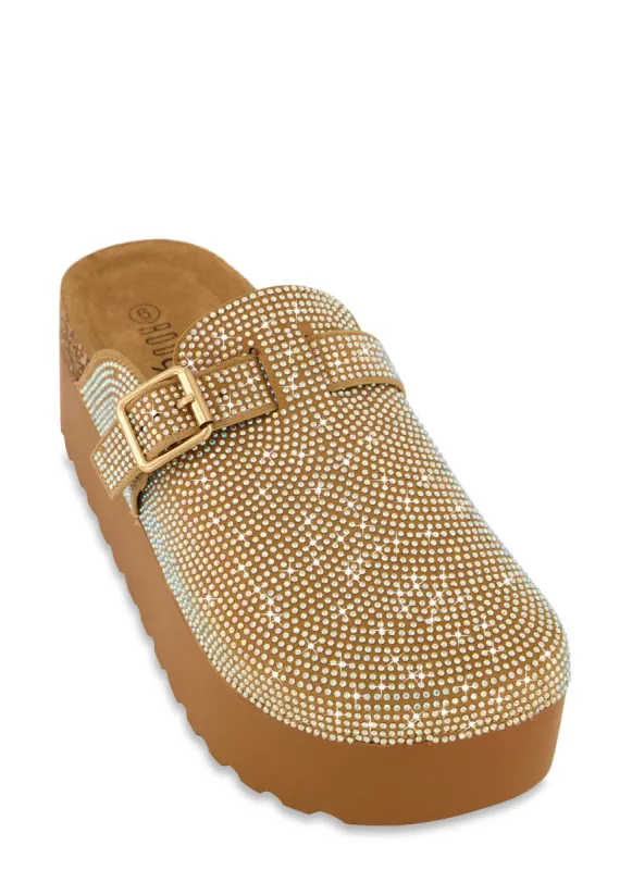 Round Toe Rhinestone Buckle Platform Clogs sold by Rainbow