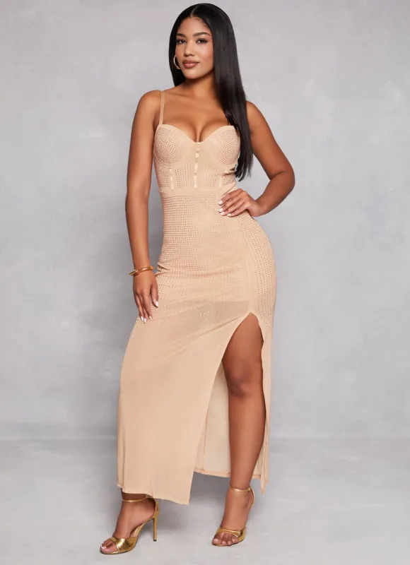 Rhinestone Mesh Side Slit Maxi Dress sold by Rainbow