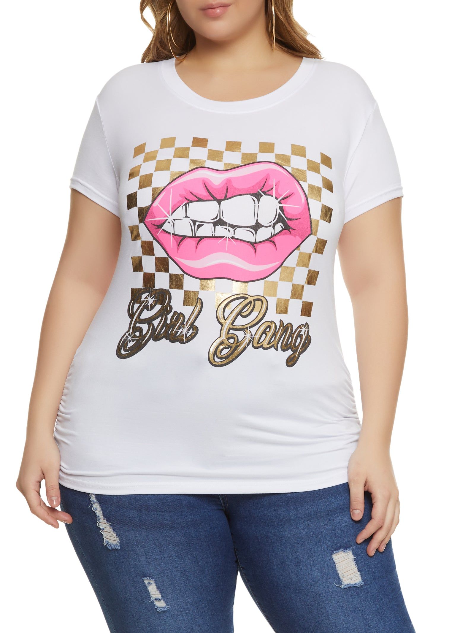 Plus Size Foil Screen Girl Gang Ruched Graphic Tee sold by Rainbow