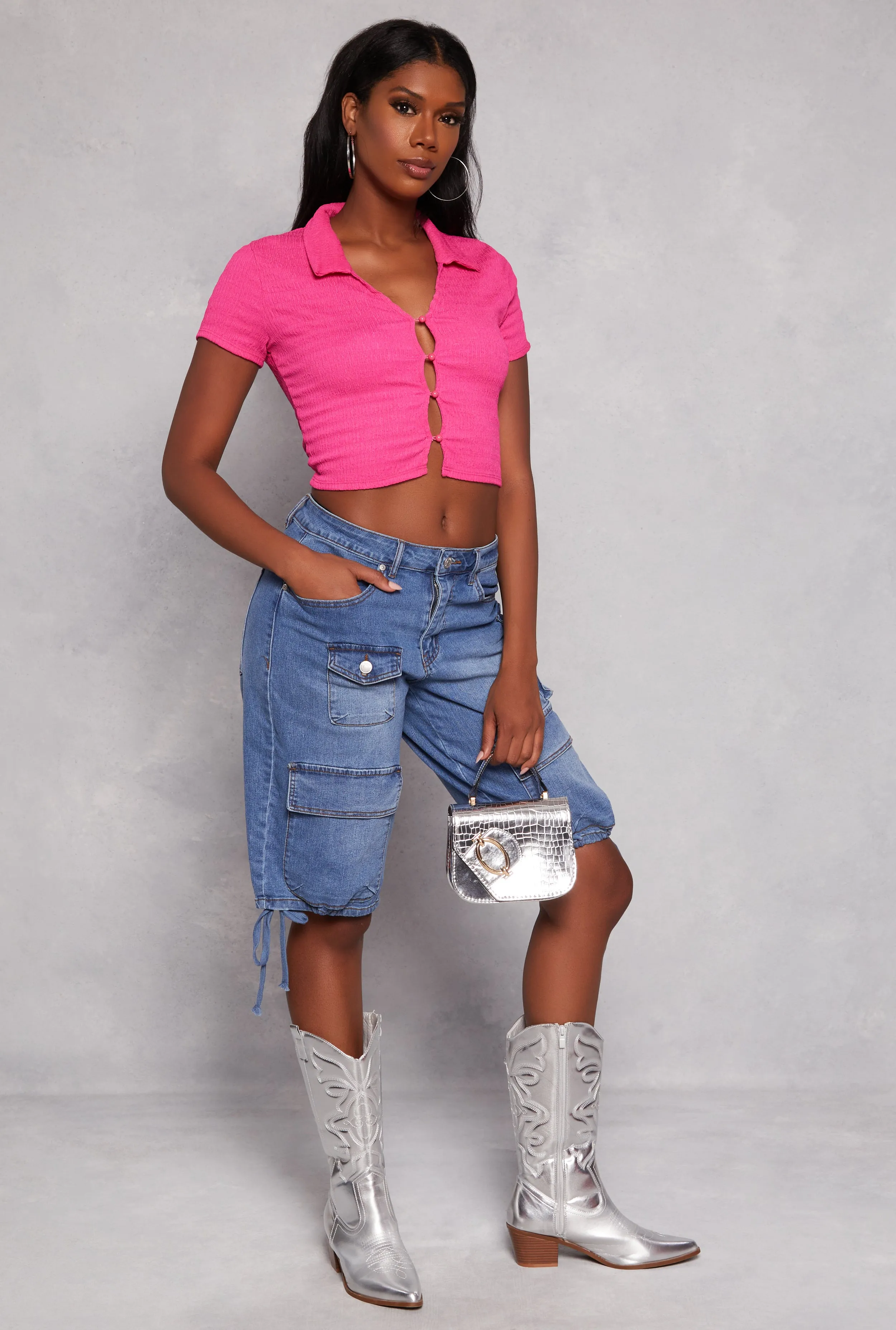 Textured Knit Plunge Button Front Crop Top sold by Rainbow product image thumbnail 2