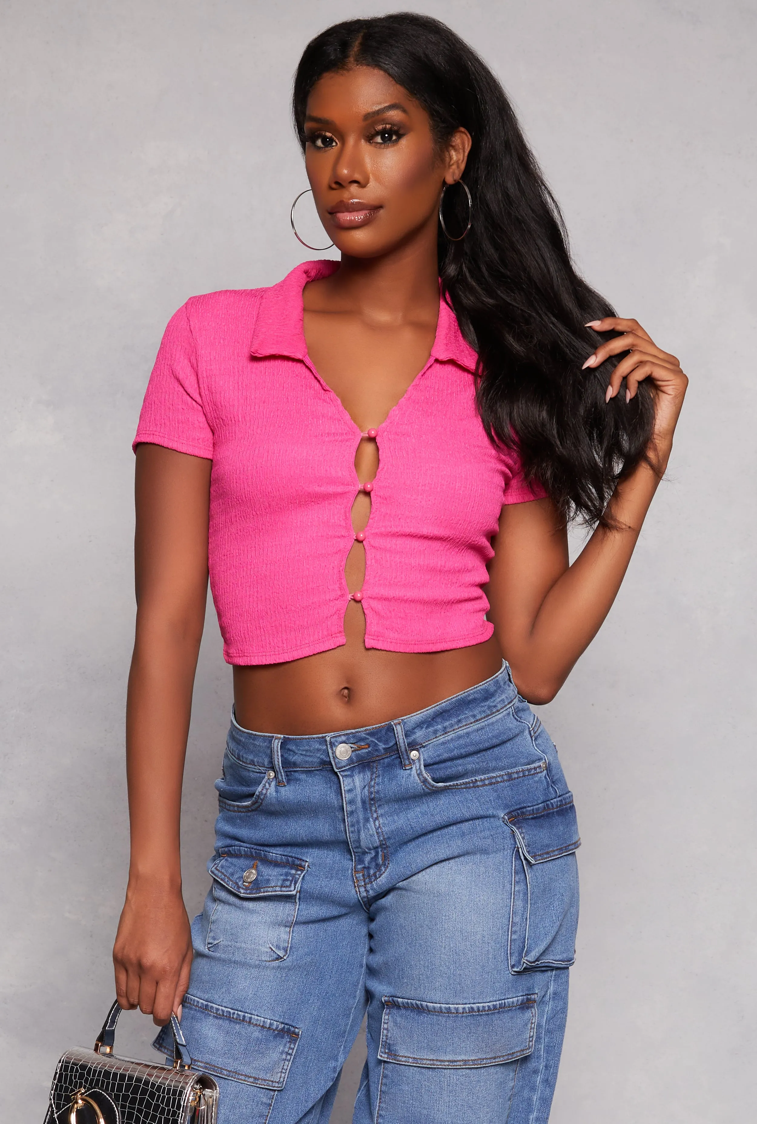 Textured Knit Plunge Button Front Crop Top sold by Rainbow