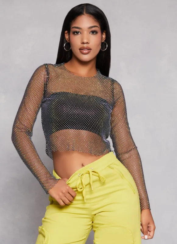 Long Sleeve Rhinestone Fishnet Top sold by Rainbow