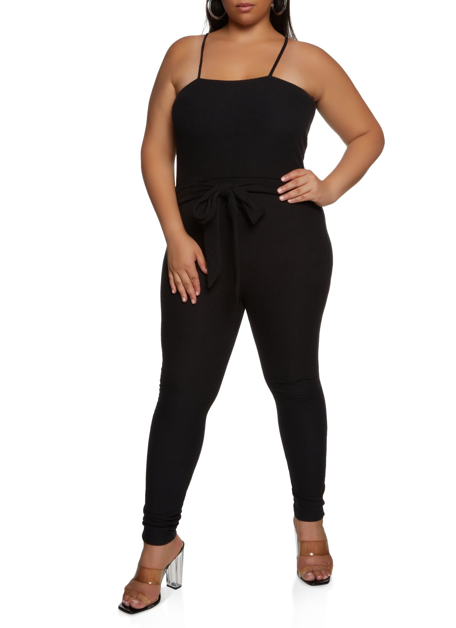 Plus Size Brushed Ribbed Knit Tie Waist Jumpsuit sold by Rainbow