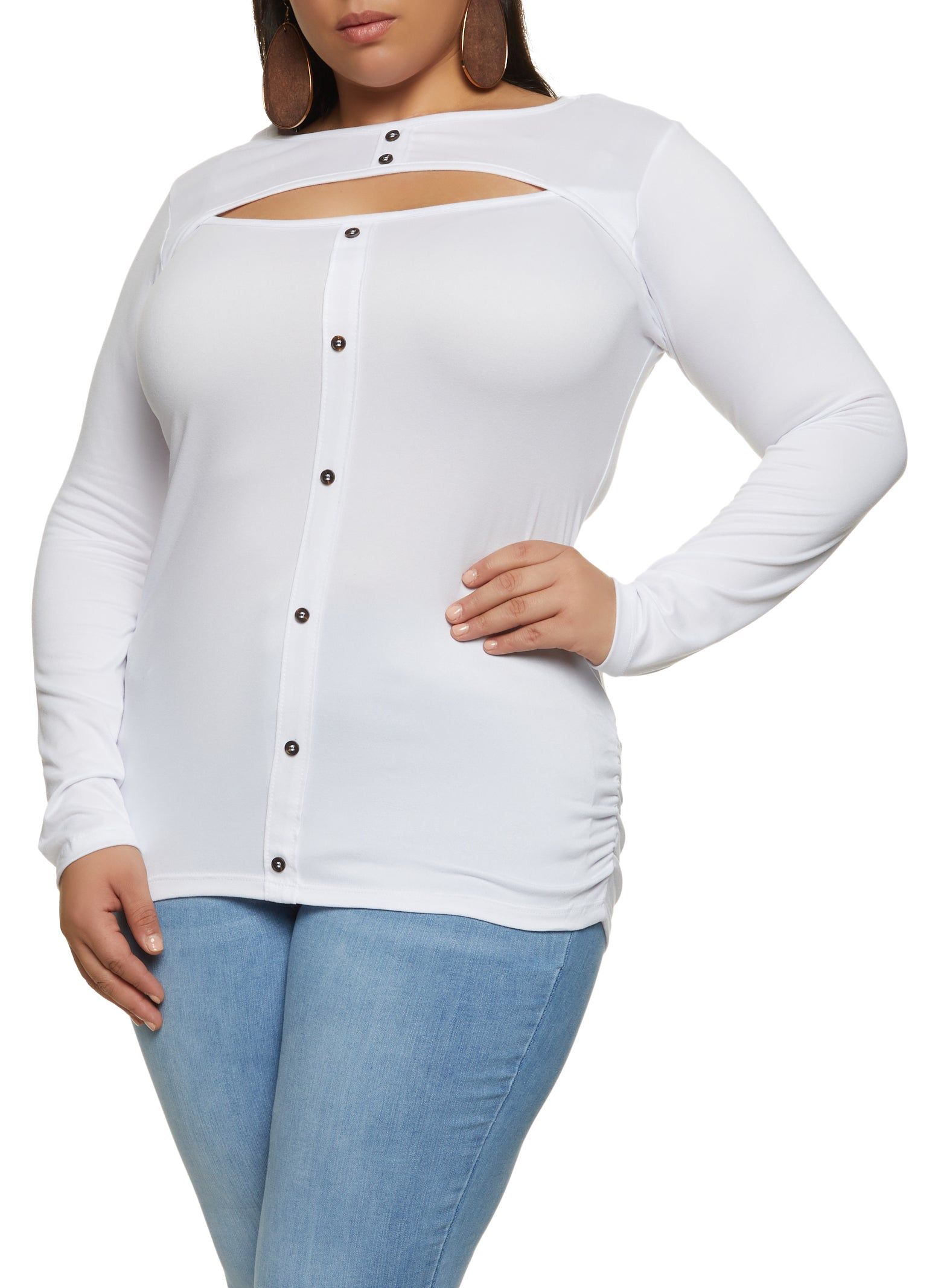 Plus Size Button Detail Cut Out Long Sleeve Top sold by Rainbow