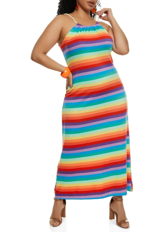 Plus Size Rainbow Stripe Rope Strap Cami Maxi Dress sold by Rainbow