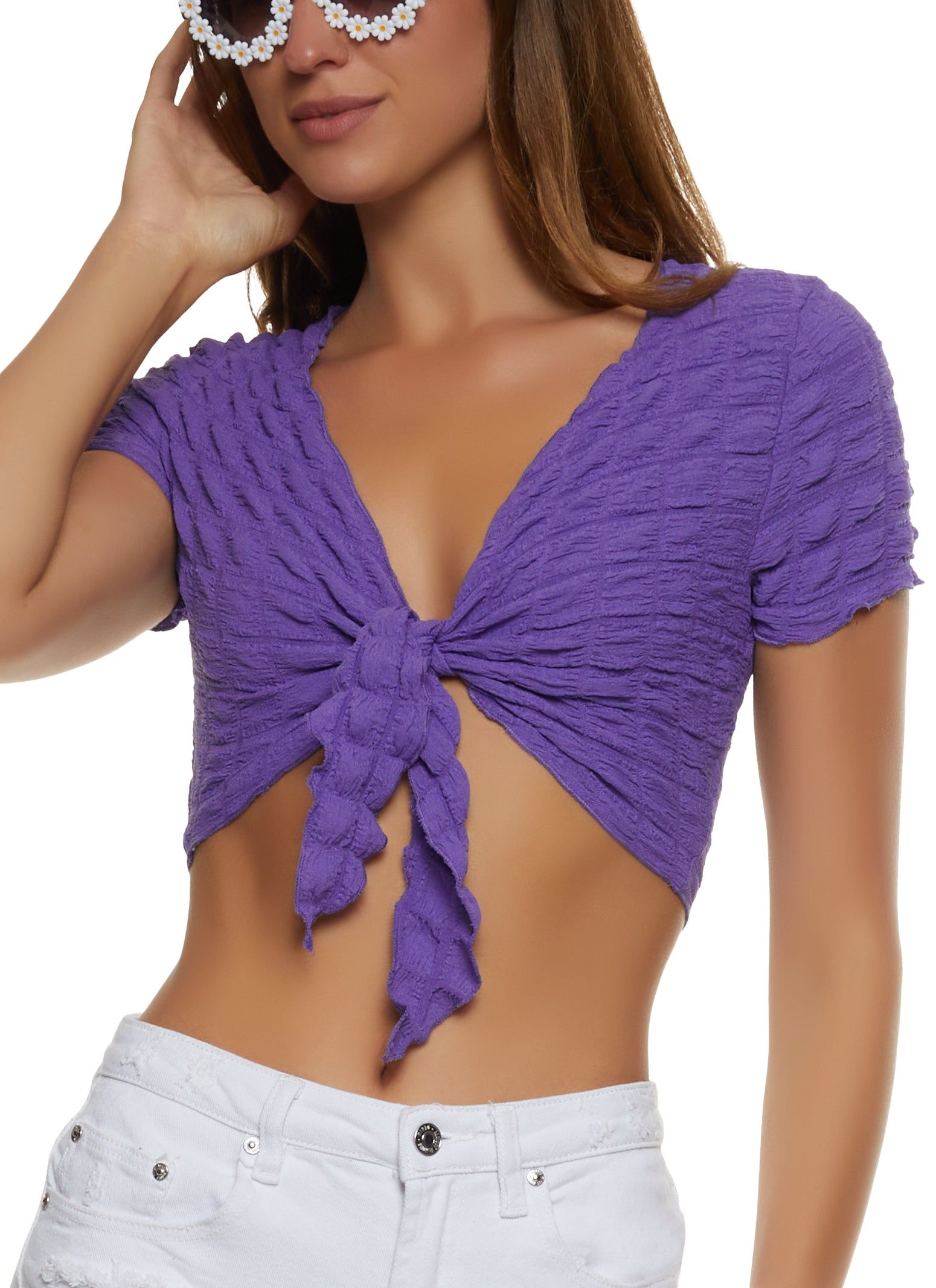 Bubble Knit Tie Front Crop Top sold by Rainbow