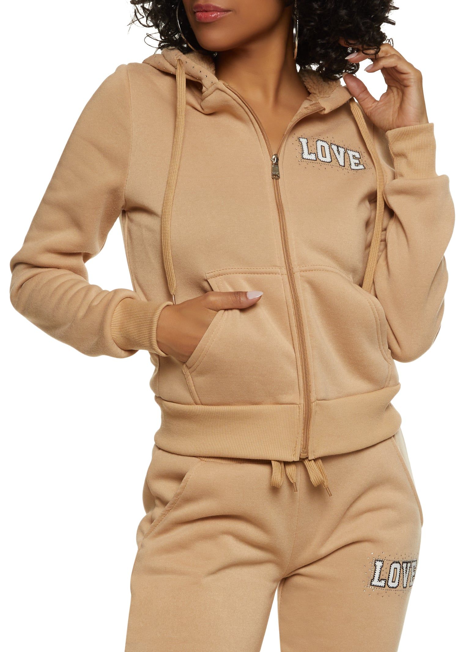 Love Rhinestone Faux Fur Lined Graphic Hoodie sold by Rainbow