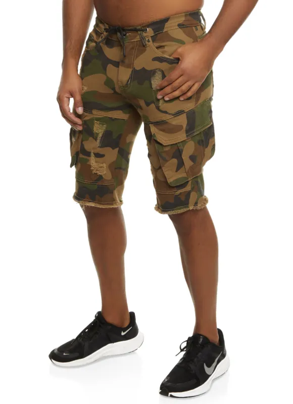 Mens Denim Distressed Camo Cargo Shorts sold by Rainbow