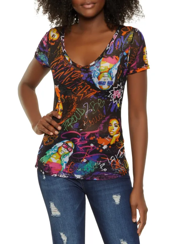 Mesh Printed V Neck Tee sold by Rainbow
