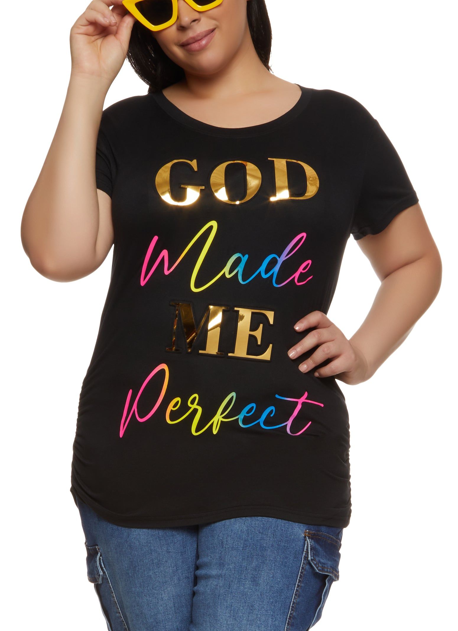 Plus Size God Made Me Perfect Embossed Foil Graphic Tee sold by Rainbow