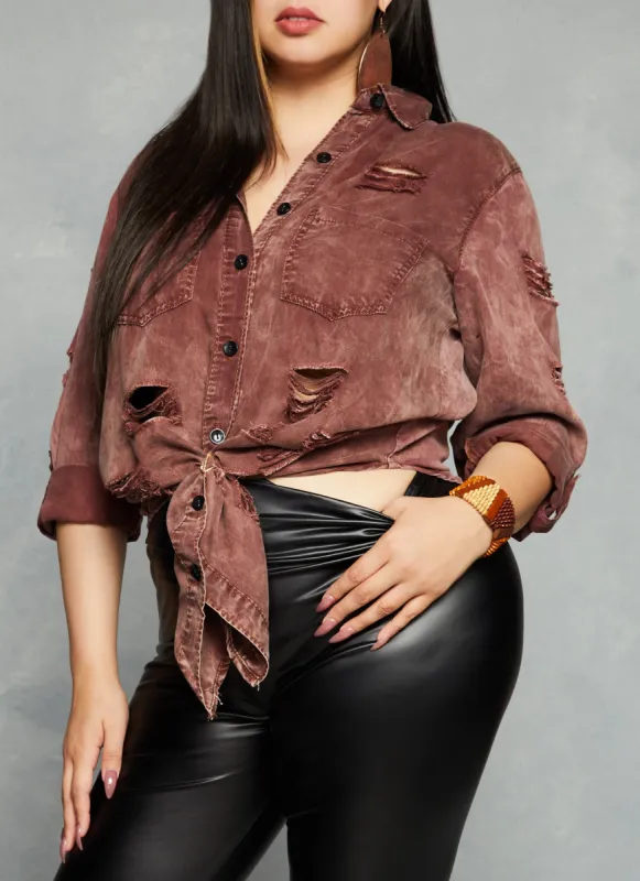 Plus Size Slashed Acid Wash Denim High Low Shirt sold by Rainbow