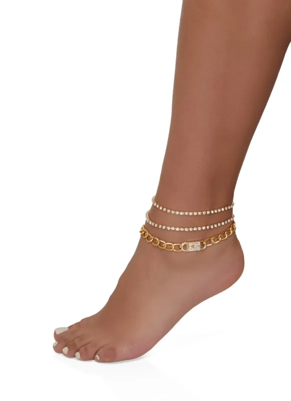 Rhinestone Curb Chain Anklet Trio sold by Rainbow