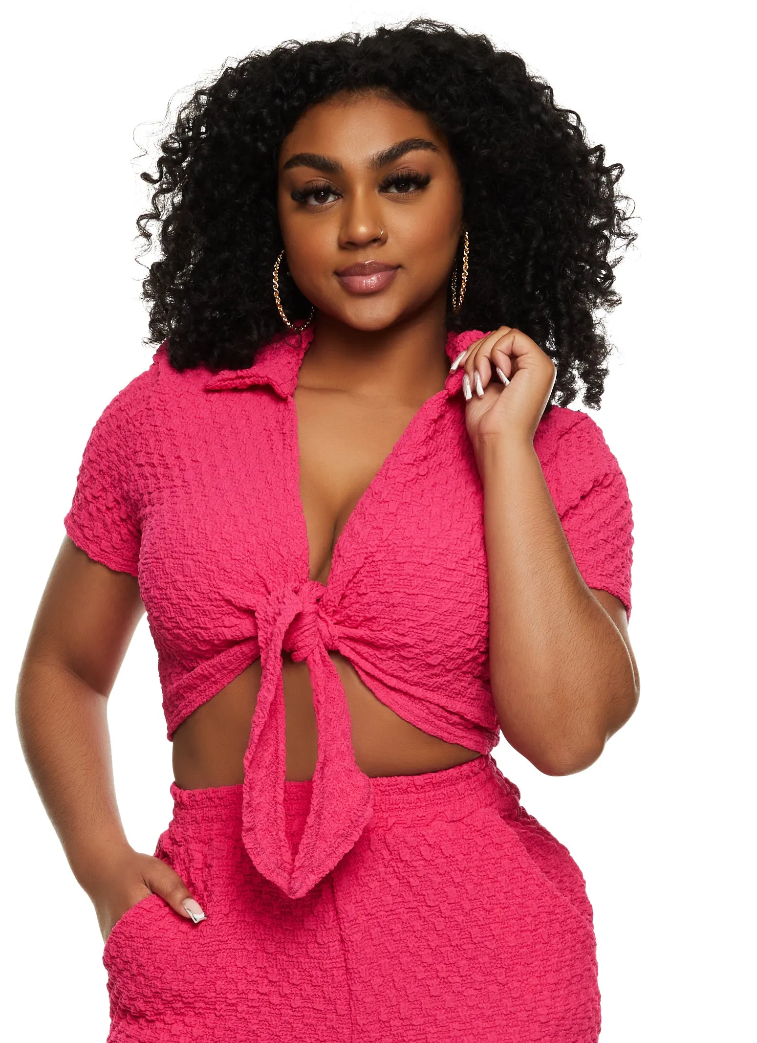 Textured Knit Tie Front Crop Top sold by Rainbow