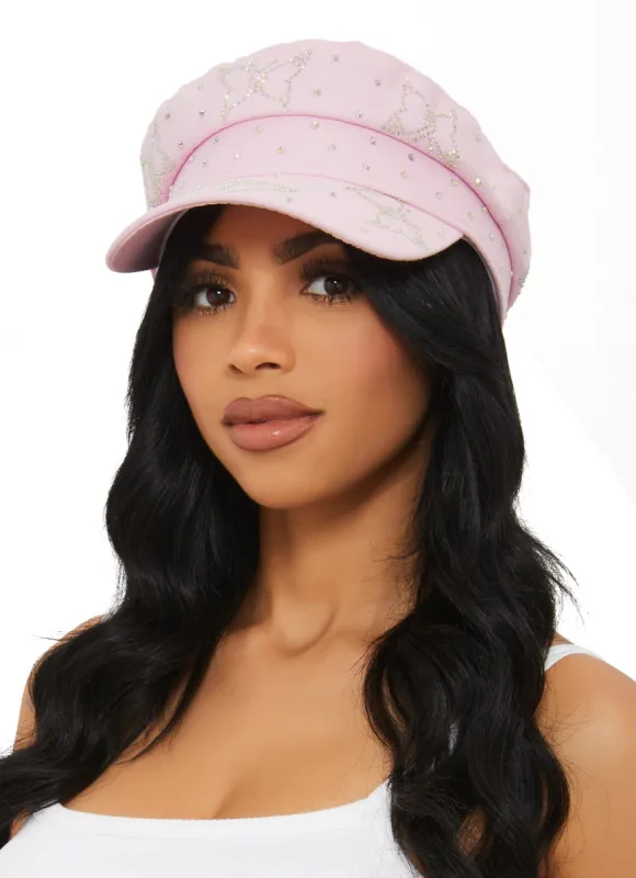 Butterfly Rhinestone Denim Cabbie Hat sold by Rainbow