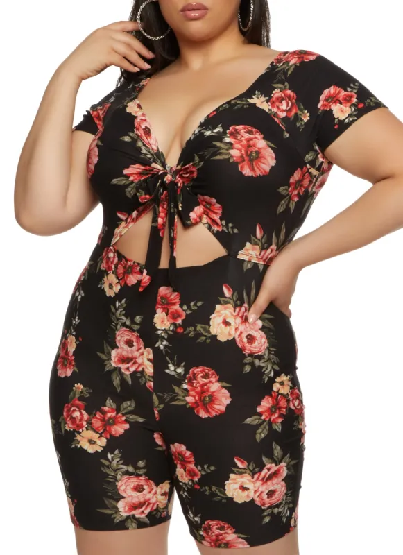 Plus Size Almost Famous Printed Tie Front Cut Out Romper sold by Rainbow