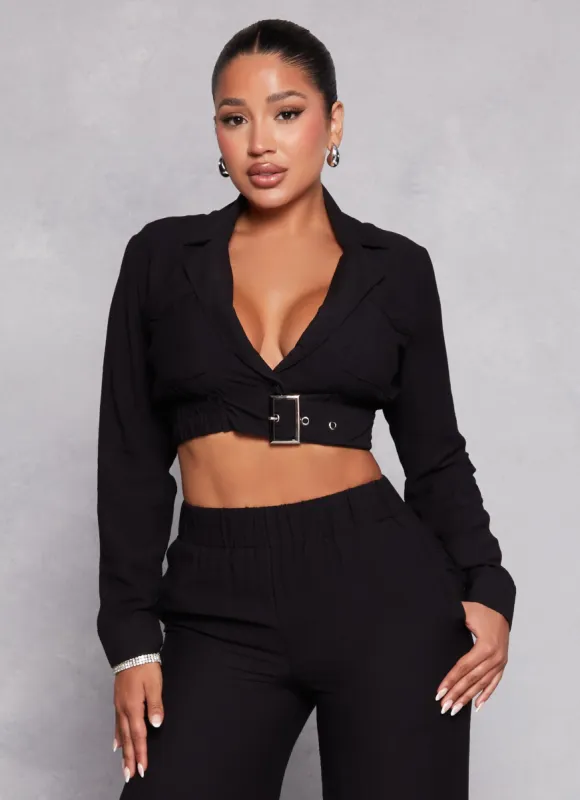 Linen Buckle Detail Cropped Blazer sold by Rainbow