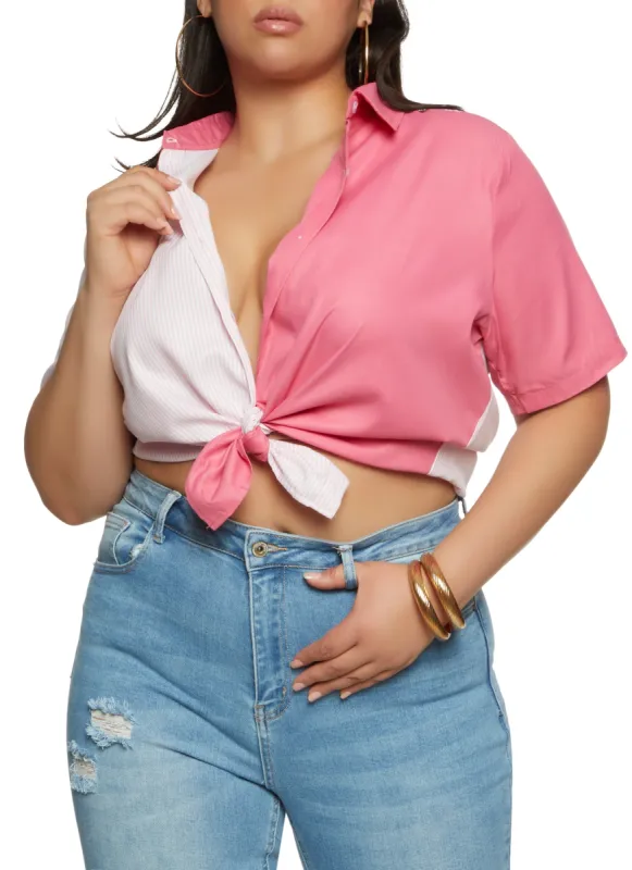 Plus Size Color Block Button Front Short Sleeve Shirt sold by Rainbow