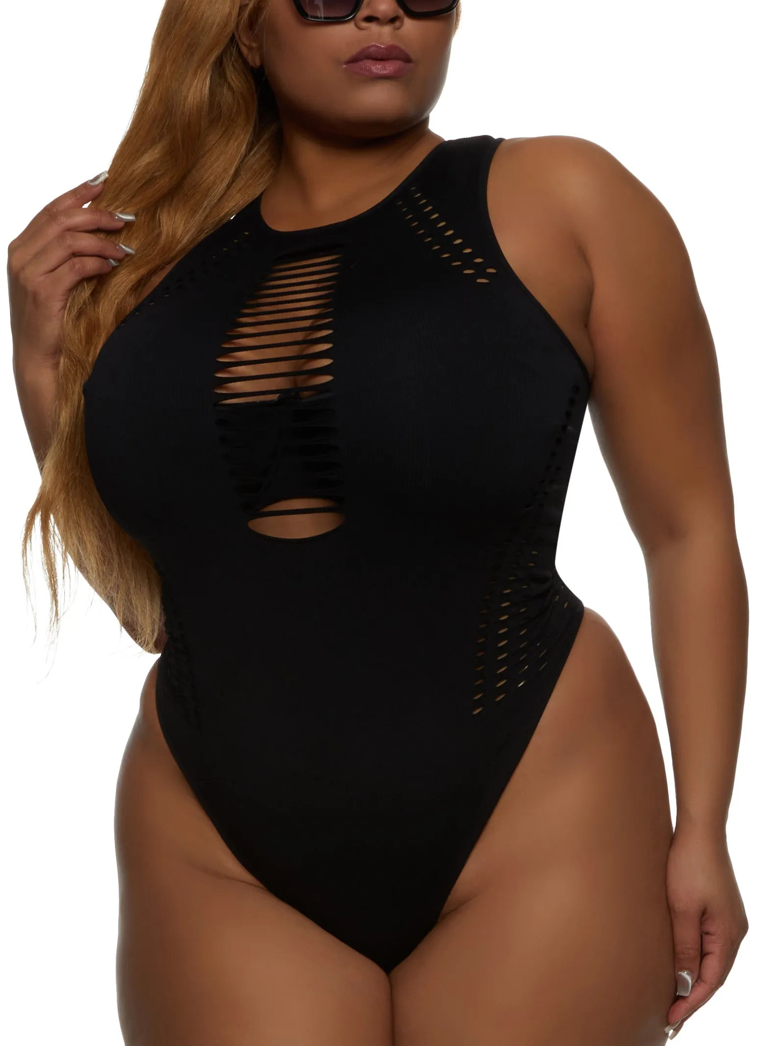 Plus Size Seamless Laser Cut Bodysuit sold by Rainbow