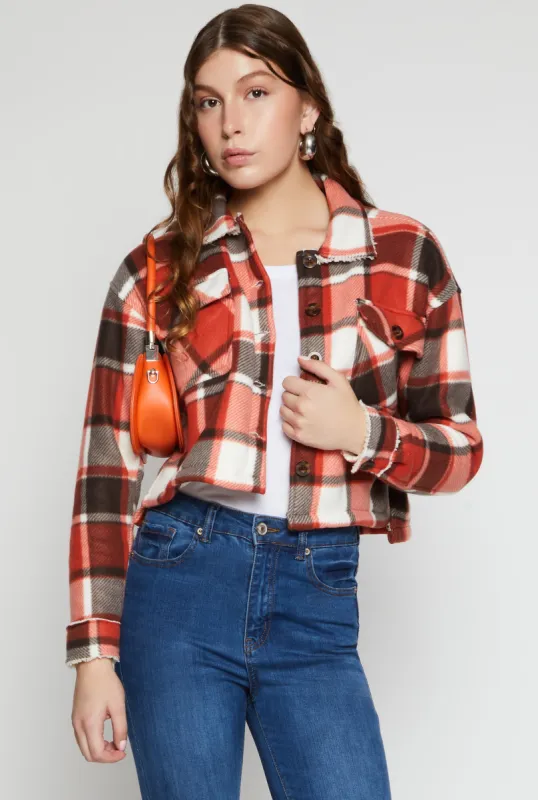 Plaid Sherpa Lined Cropped Button Front Shacket sold by Rainbow