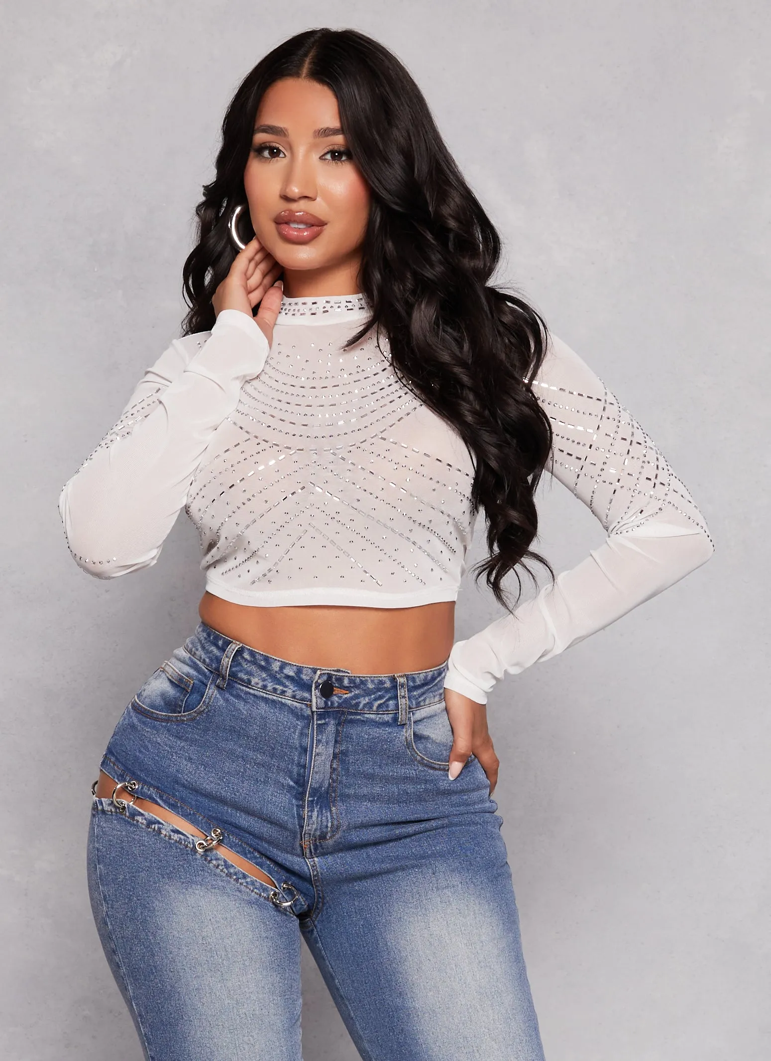 Mesh Rhinestone Mock Neck Crop Top sold by Rainbow