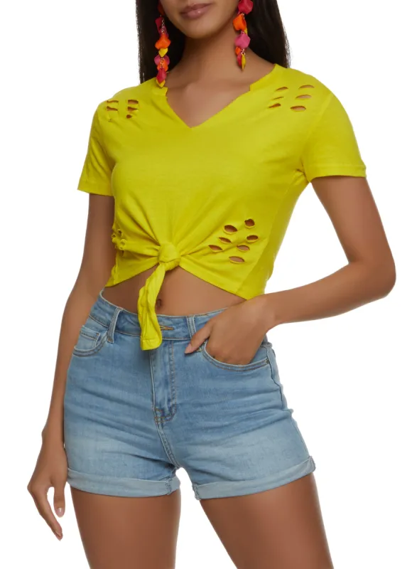 Laser Cut Knot Front V Neck Cropped Tee sold by Rainbow