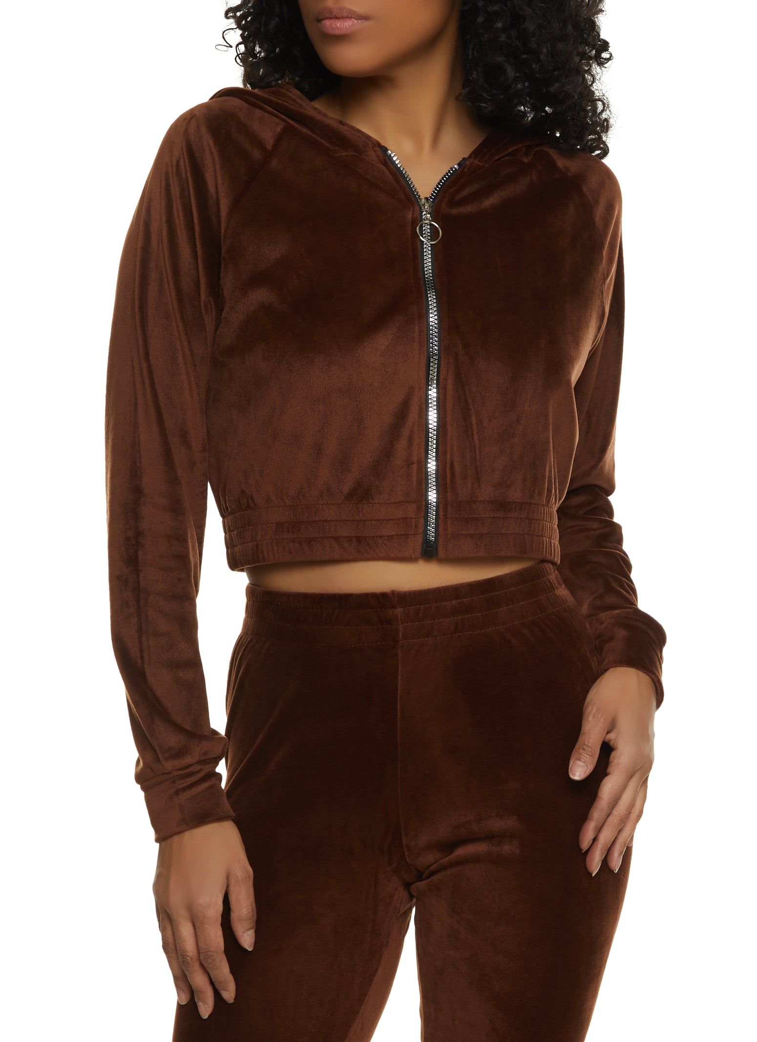 Velour Cropped Zip Front Hoodie sold by Rainbow