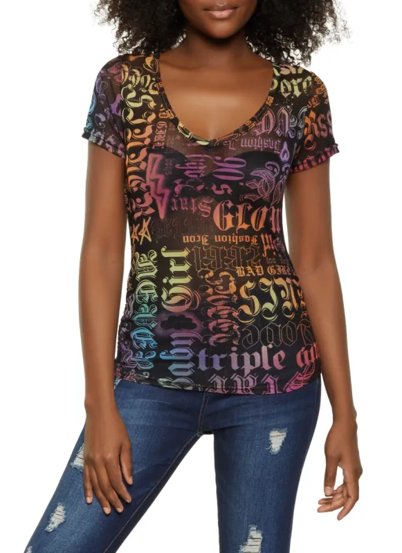 Mesh Printed V Neck Tee made by Rainbow