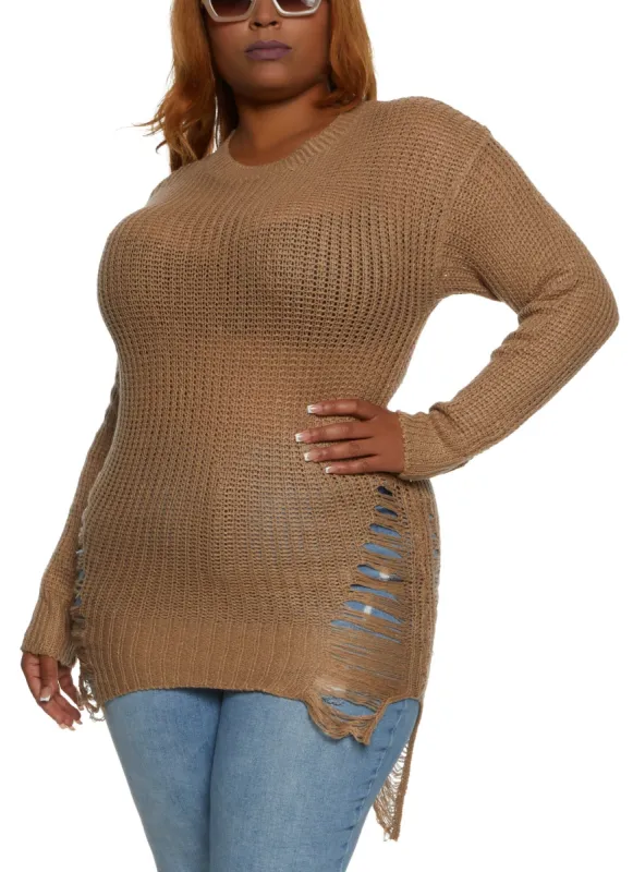 Plus Size Distressed Knit High Low Sweater sold by Rainbow