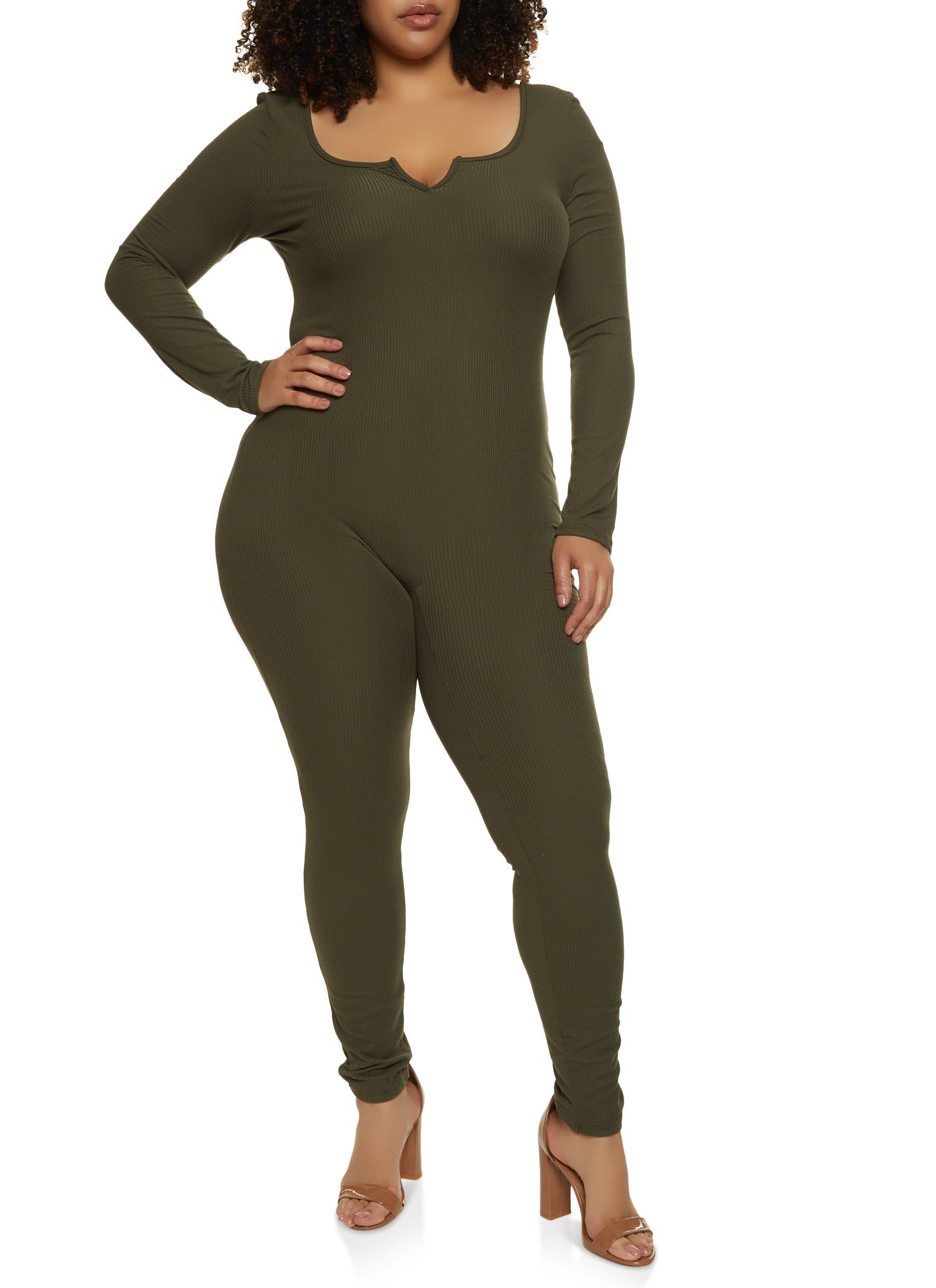 Plus Size Rib Knit Notch Neck Long Sleeve Catsuit sold by Rainbow product image thumbnail 2