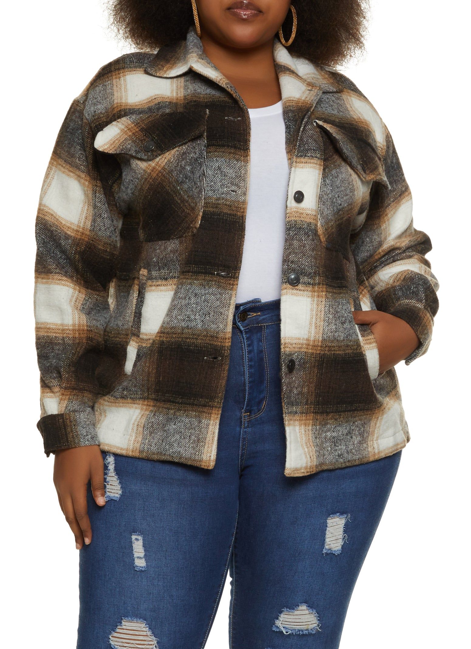 Plus Size Plaid Brushed Knit Shacket sold by Rainbow