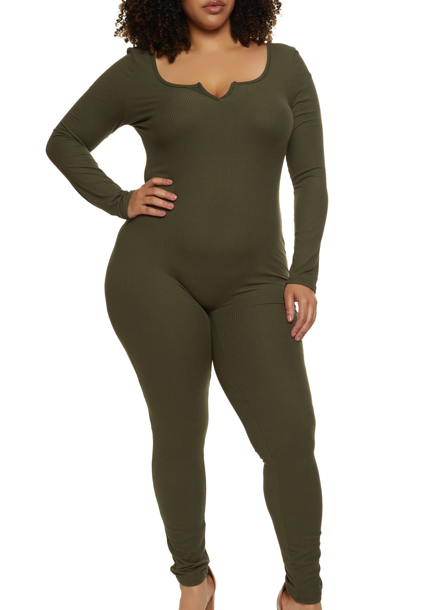 Plus Size Rib Knit Notch Neck Long Sleeve Catsuit sold by Rainbow