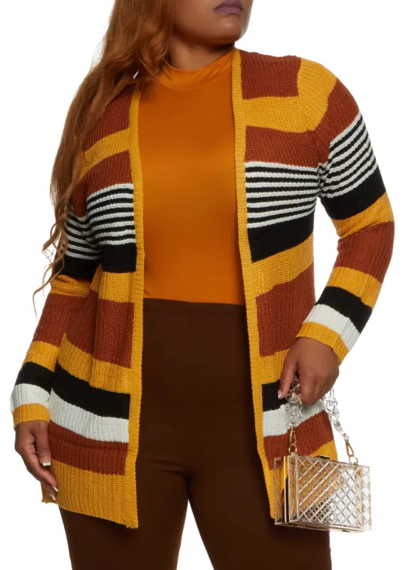 Plus Size Stripe Patterned Knit Cardigan sold by Rainbow