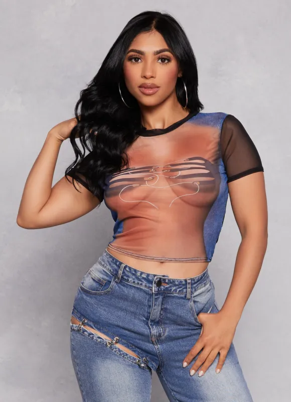 Mesh Body Print Crop Top sold by Rainbow