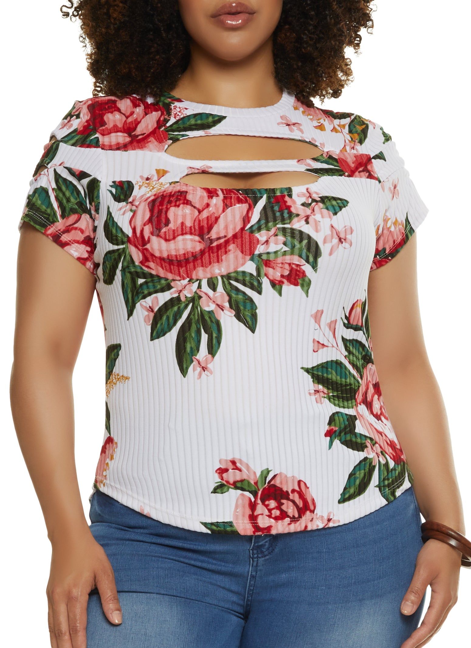 Plus Size Floral Double Keyhole Crew Neck Top sold by Rainbow