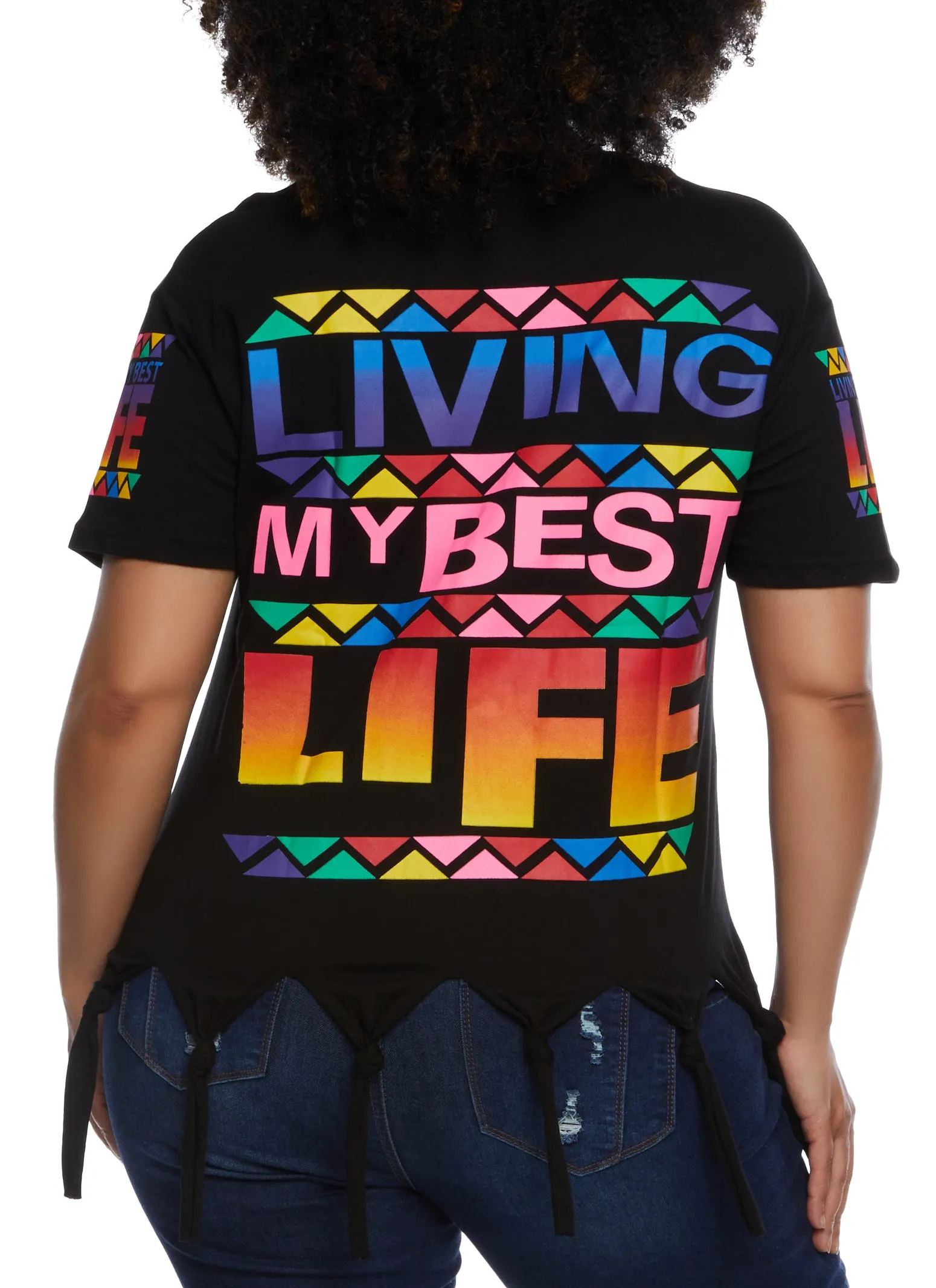 Plus Size Knotted Fringe Living My Best Life Graphic T Shirt sold by Rainbow
