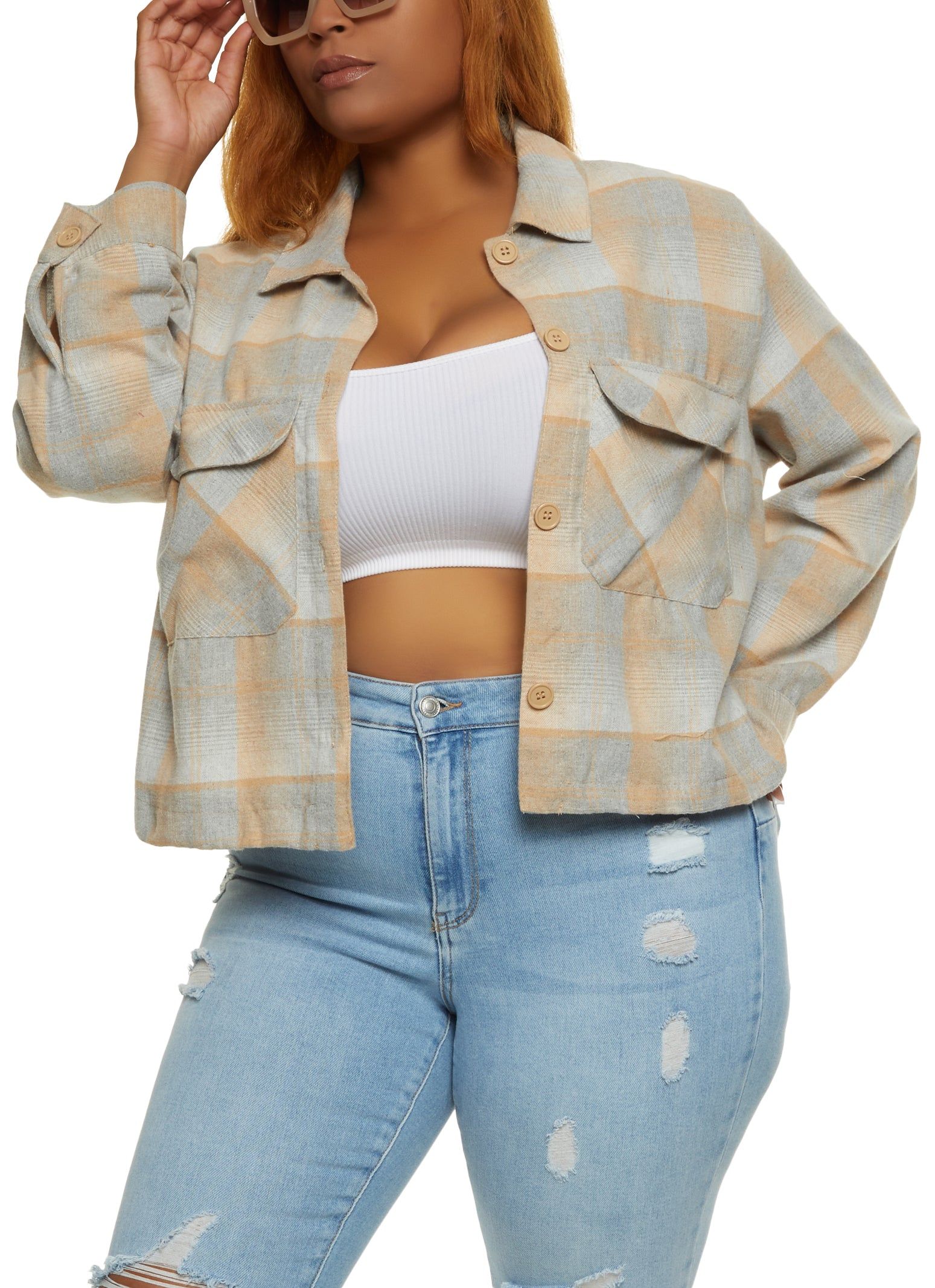 Plus Size Plaid Cropped Button Front Shacket sold by Rainbow