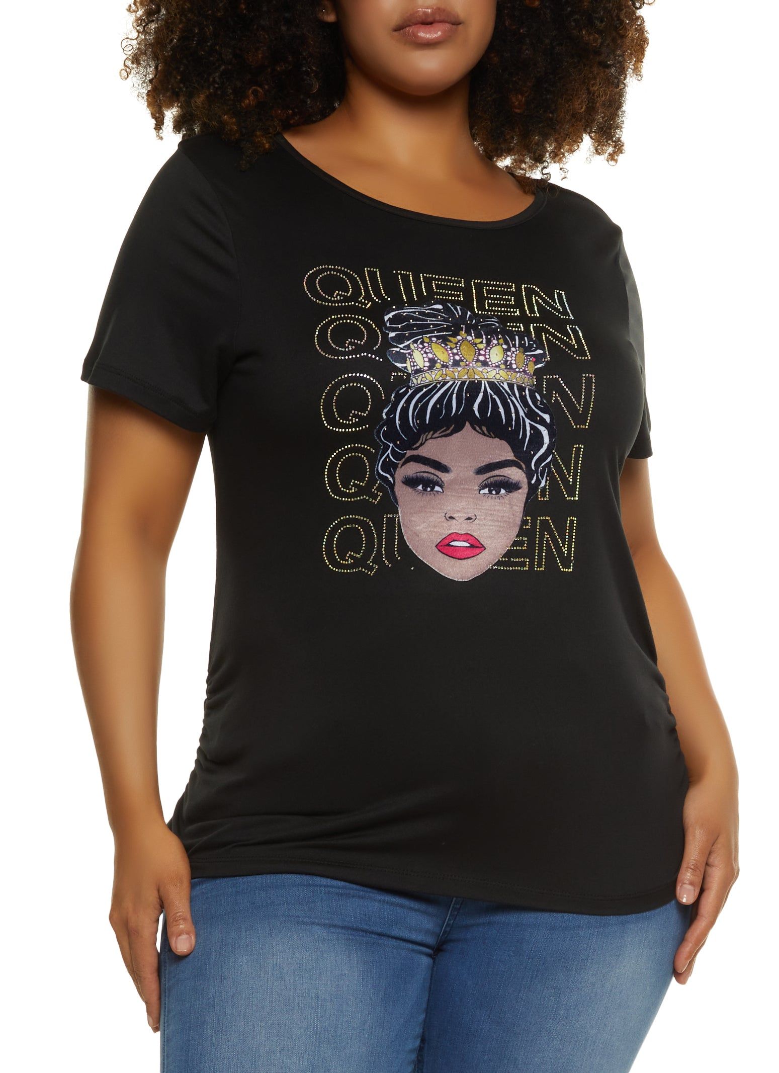 Plus Size Rhinestone Queen Ruched Graphic Tee sold by Rainbow