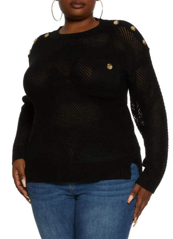 Plus Size Button Detail Pointelle Pullover Sweater sold by Rainbow