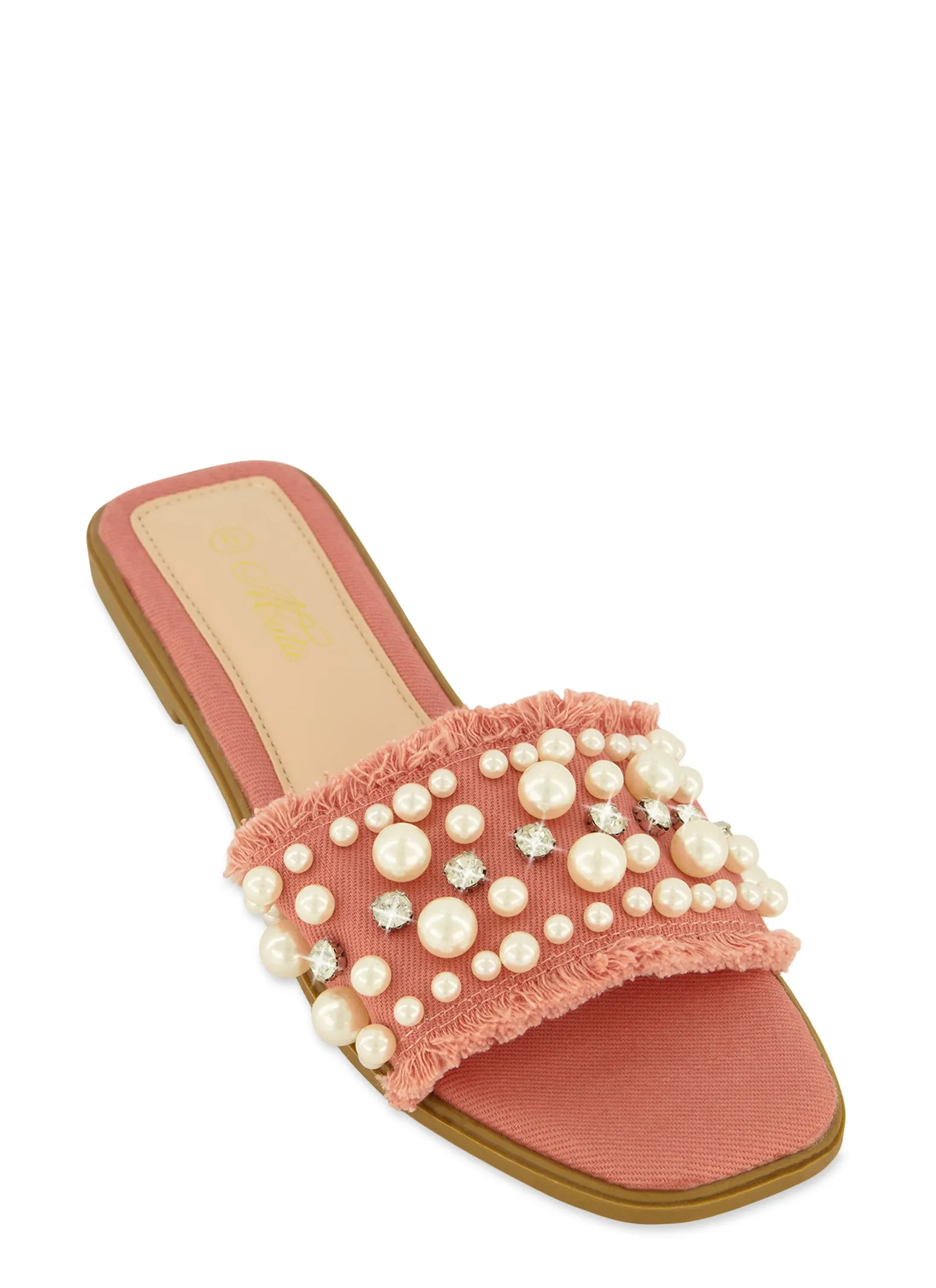 Frayed Faux Pearl Rhinestone Band Slide Sandals sold by Rainbow