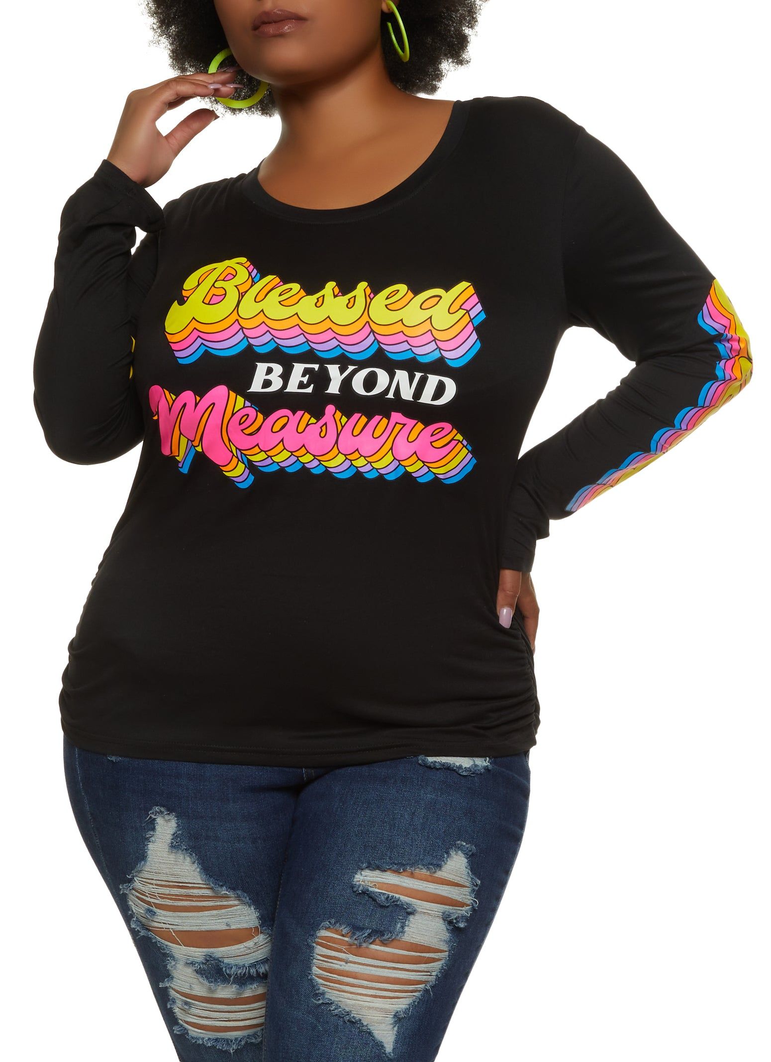 Plus Size Blessed Beyond Measure Ruched Graphic Tee sold by Rainbow