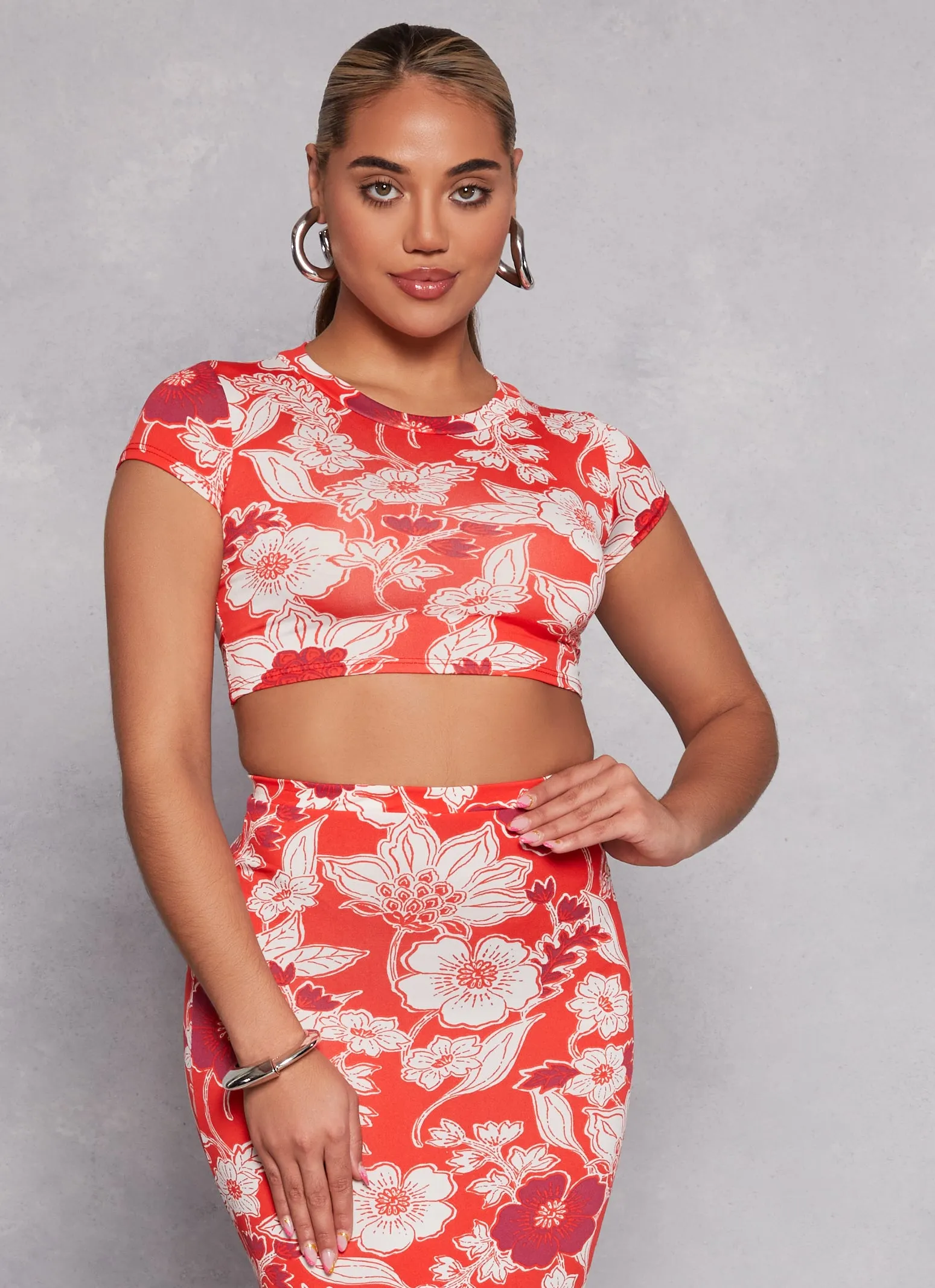 Floral Print Short Sleeve Crop Top sold by Rainbow