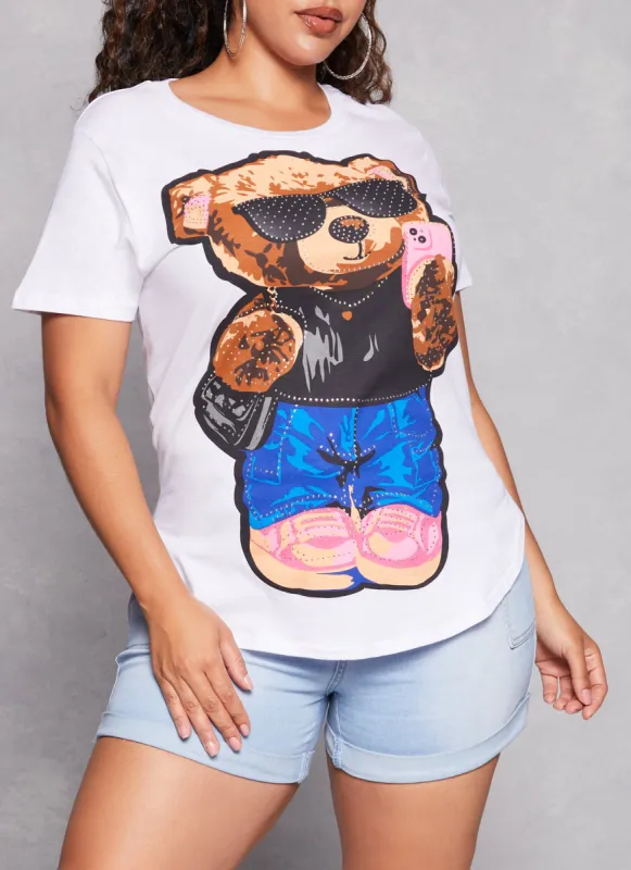 Plus Size Rhinestone Bear Graphic T Shirt sold by Rainbow