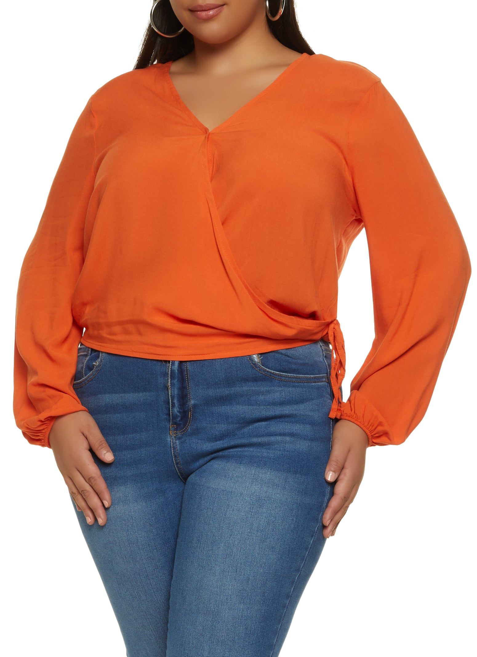 Plus Size Puff Sleeve Side Tie Wrap Top sold by Rainbow