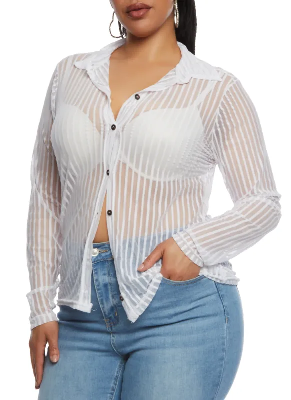 Plus Size Mesh Shadow Striped Shirt sold by Rainbow