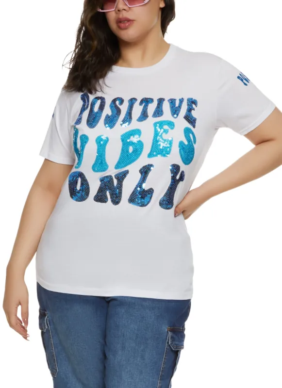 Plus Size Sequin Positive Vibes Only Tee sold by Rainbow