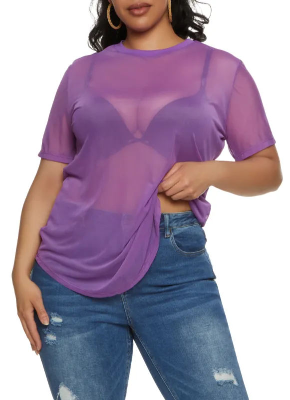 Plus Size Mesh Short Sleeve Crew Neck T Shirt sold by Rainbow