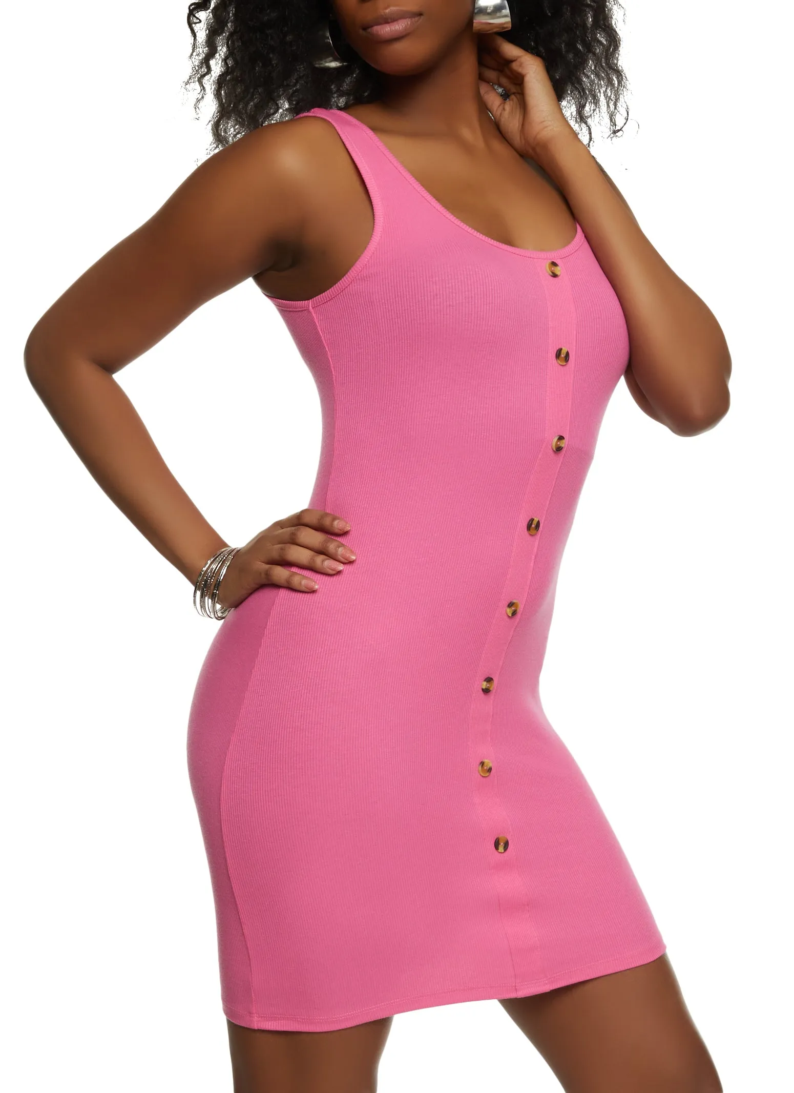 Rib Knit Scoop Neck Button Detail Tank Dress sold by Rainbow